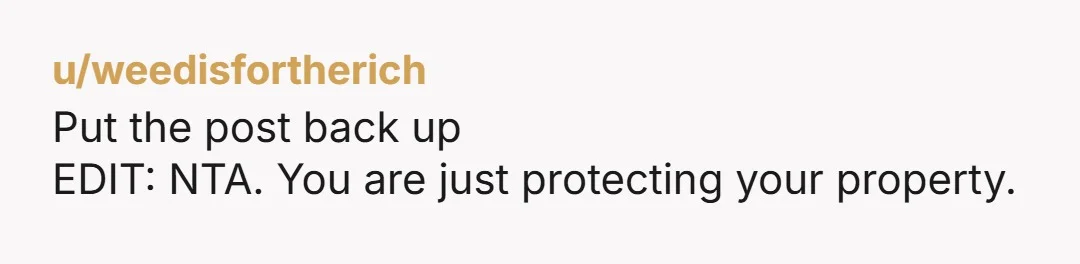 u/weedisfortherich
Put the post back up
EDIT: NTA. You are just protecting your property.