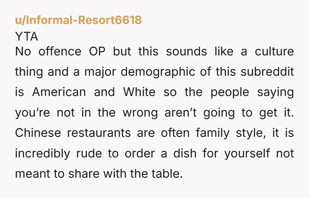 u/ultmjwatson a) was it served family style b) were the meat dishes significantly more expensive? if the answer to either of them is yes, then YTA