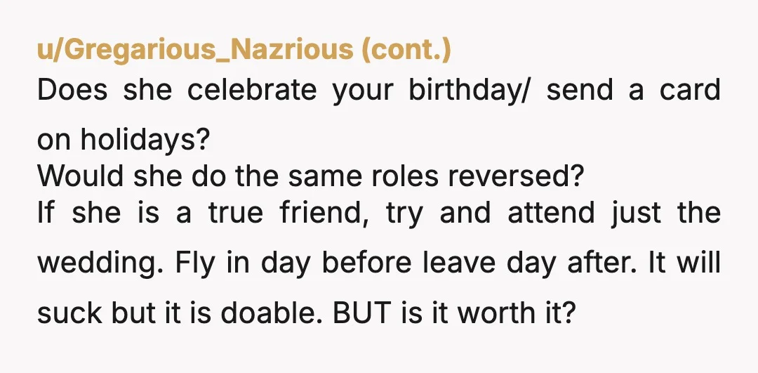 u/AdKey7716 NTA for missing her bachelorette party. And you’re also NTA for prioritizing your education/career over her big life event. You’re completely valid in your decision. Similarly, she’s prioritizing her...