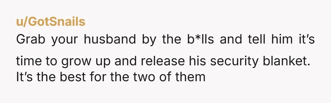 u/GotSnails
Grab your husband by the b*lls and tell him it’s time to grow up and release his security blanket.
It’s the best for the two of them