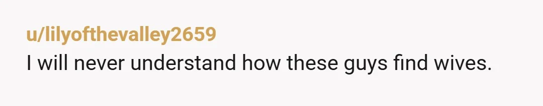 u/lilyofthevalley2659 I will never understand how these guys find wives.