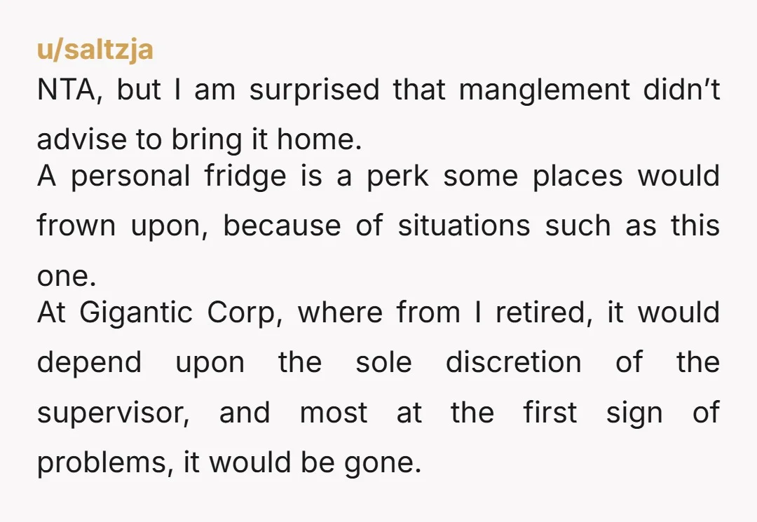 u/saltzja NTA, but I am surprised that manglement didn’t advise to bring it home. A personal fridge is a perk some places would frown upon, because of situations such as...