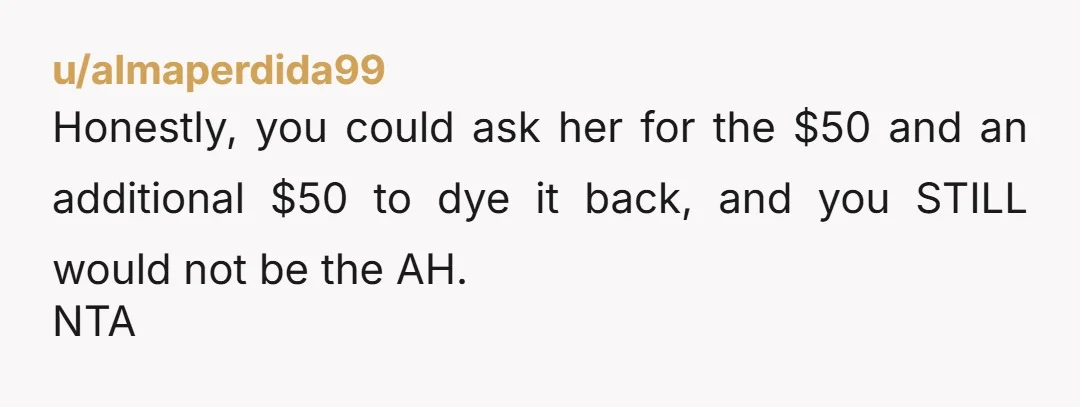 u/almaperdida99
Honestly, you could ask her for the $50 and an additional $50 to dye it back, and you STILL would not be the AH.
NTA