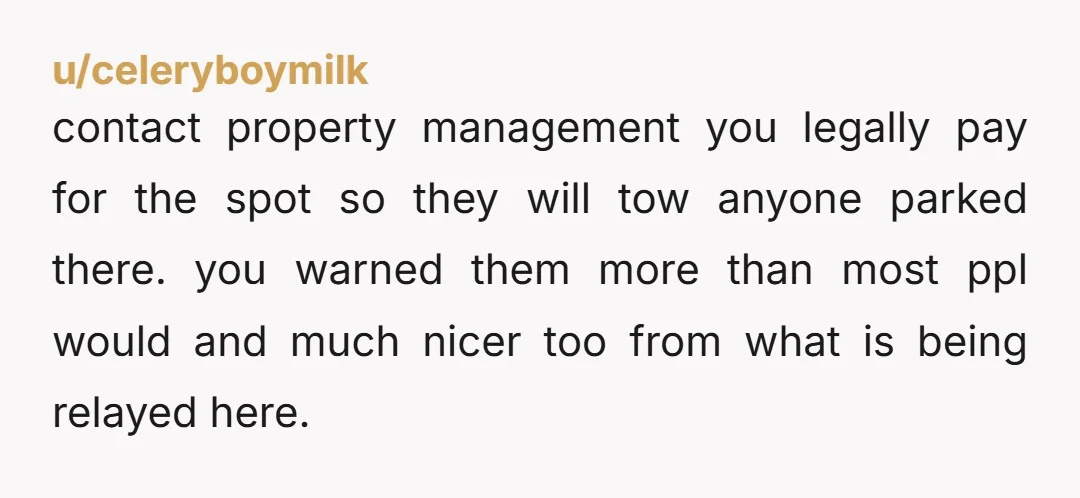 u/celeryboymilk contact property management you legally pay for the spot so they will tow anyone parked there. you warned them more than most ppl would and much nicer too from...