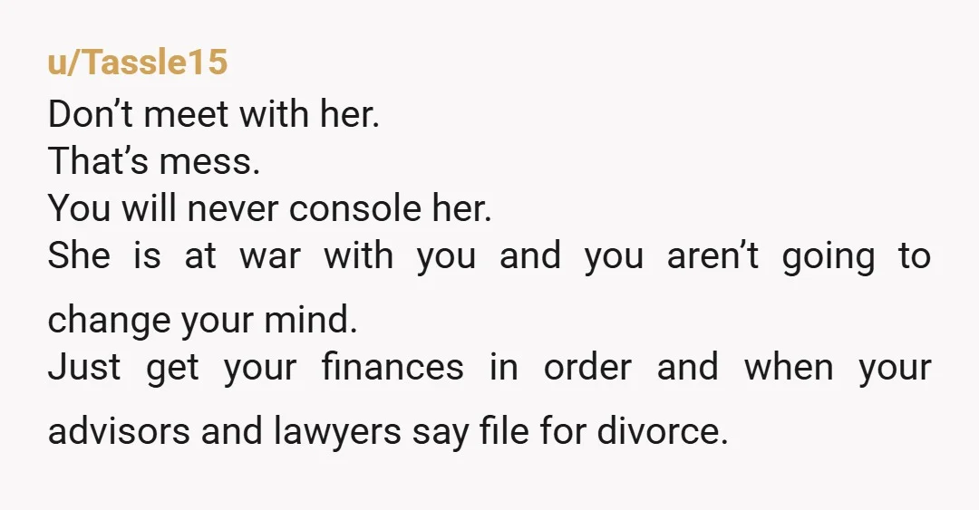 u/Tassle15 Don’t meet with her. That’s mess. You will never console her. She is at war with you and you aren’t going to change your mind. Just get your finances...