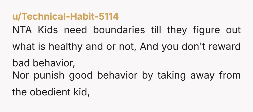 u/Technical-Habit-5114 NTA Kids need boundaries till they figure out what is healthy and or not, And you don't reward bad behavior, Nor punish good behavior by taking away from the...