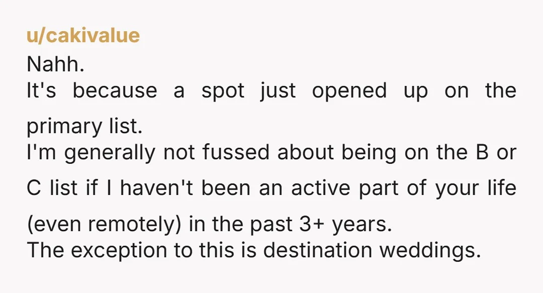 u/cakivalue Nahh. It's because a spot just opened up on the primary list. I'm generally not fussed about being on the B or C list if I haven't been an...