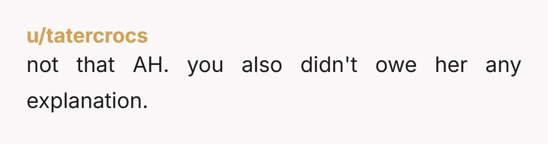 u/tatercrocs
not that AH. you also didn't owe her any explanation.