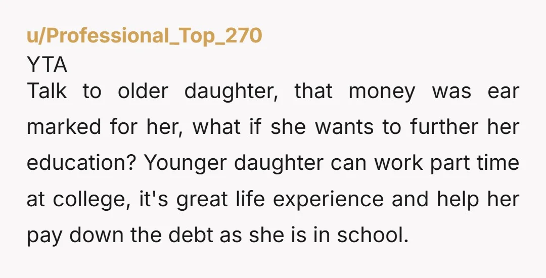 u/PleasantClub8495 No you should not. They each made choices about their education. Your older daughter ma need that money to help get her career off the ground and help to...