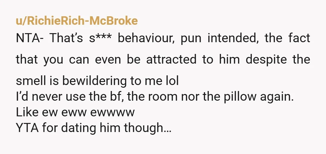 u/RichieRich-McBroke NTA- That’s s*** behaviour, pun intended, the fact that you can even be attracted to him despite the smell is bewildering to me lol I’d never use the bf,...