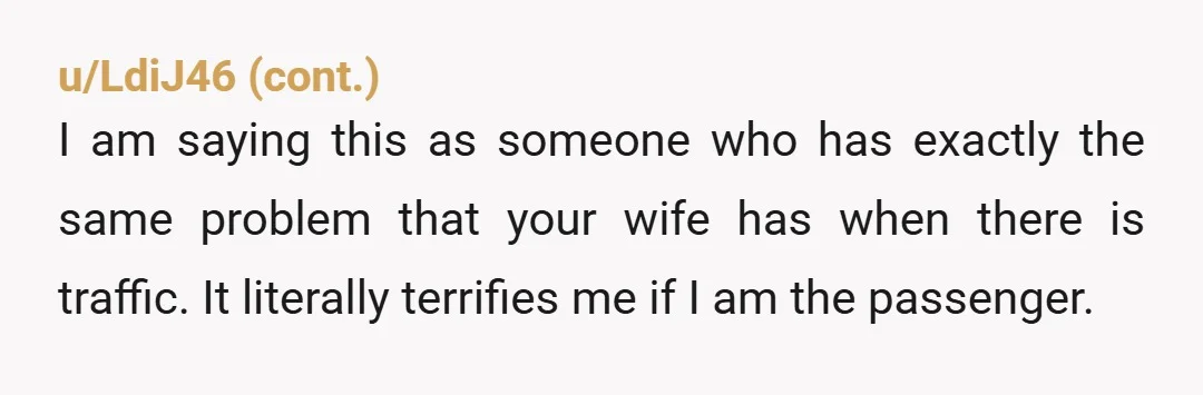 u/UteLawyer NTA. Her backseat driving is worsening any perceived danger by distracting you. This is a safety issue. You gave her multiple options. It might not be your wife's fault...