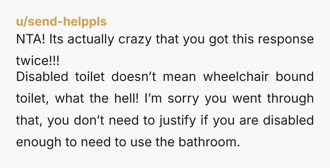 u/NarrativeScorpion Nta. It's an ACCESSSIBLE toilet. Not a "wheelchair users only" toilet. Accessible toilets are for anyone who needs more space, access to a private sink, or any one of...