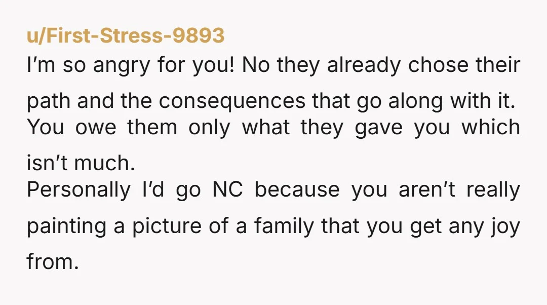 u/First-Stress-9893 I’m so angry for you! No they already chose their path and the consequences that go along with it. You owe them only what they gave you which isn’t...