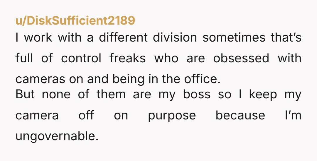 u/DiskSufficient2189 I work with a different division sometimes that’s full of control freaks who are obsessed with cameras on and being in the office. But none of them are my...