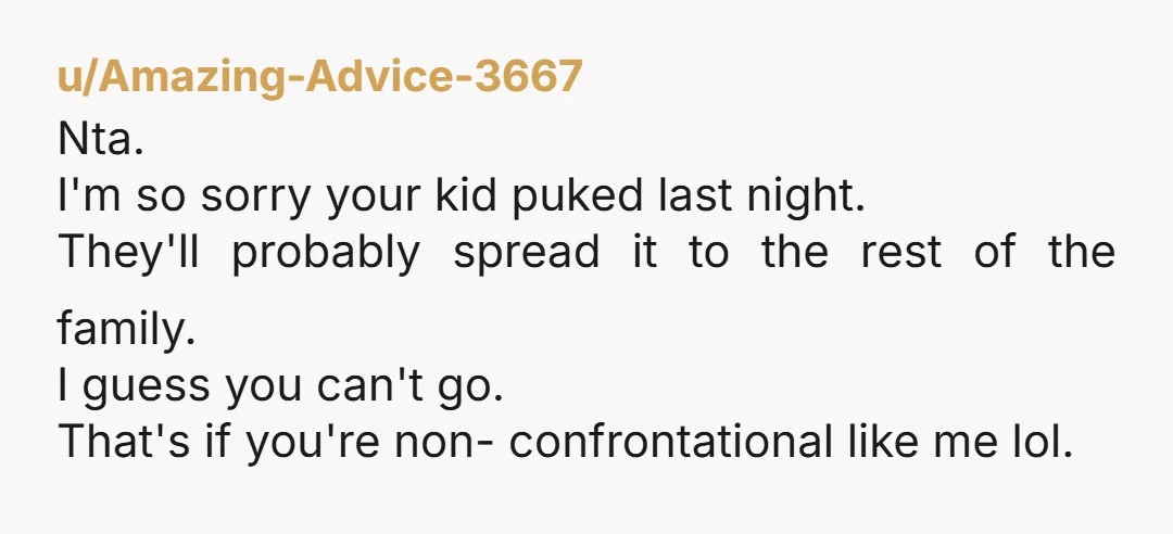 u/Amazing-Advice-3667 Nta. I'm so sorry your kid puked last night. They'll probably spread it to the rest of the family. I guess you can't go. That's if you're non- confrontational...