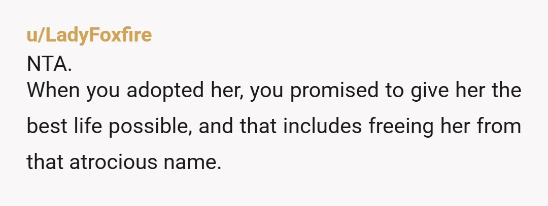 u/LadyFoxfire
NTA.
When you adopted her, you promised to give her the best life possible, and that includes freeing her from that atrocious name. 