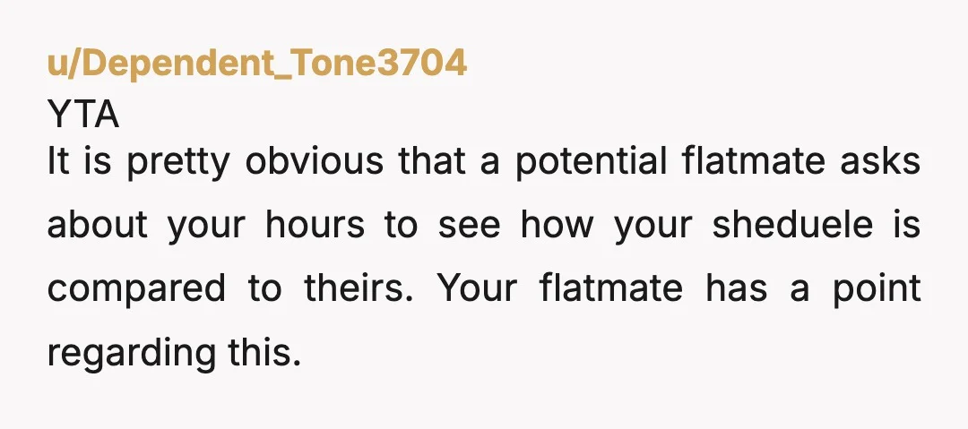 u/Dependent_Tone3704 YTA It is pretty obvious that a potential flatmate asks about your hours to see how your sheduele is compared to theirs. Your flatmate has a point regarding this....