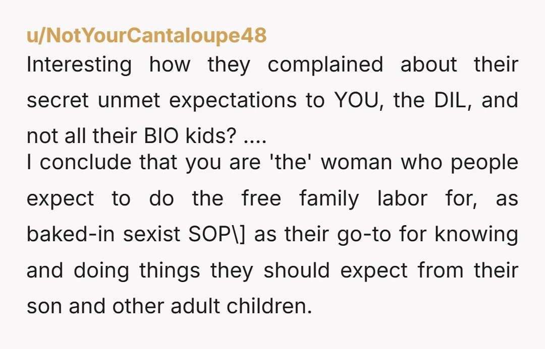 u/NotYourCantaloupe48 Interesting how they complained about their secret unmet expectations to YOU, the DIL, and not all their BIO kids? ....I conclude that you are 'the' woman who people expect...