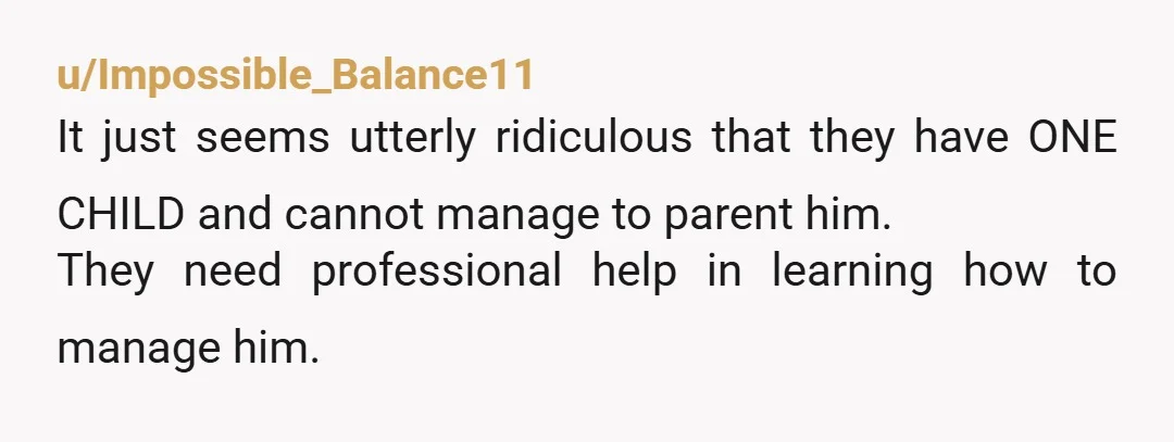 u/Impossible_Balance11
It just seems utterly ridiculous that they have ONE CHILD and cannot manage to parent him.
They need professional help in learning how to manage him.