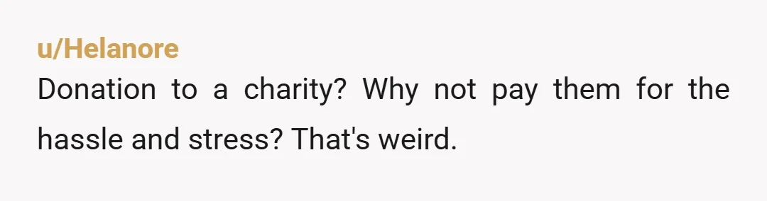 u/Helanore
Donation to a charity? Why not pay them for the hassle and stress? That's weird.