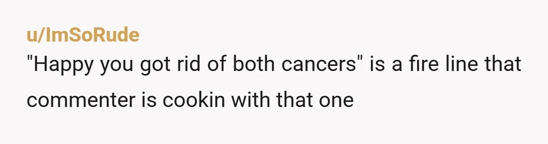 u/ImSoRude "Happy you got rid of both cancers" is a fire line that commenter is cookin with that one