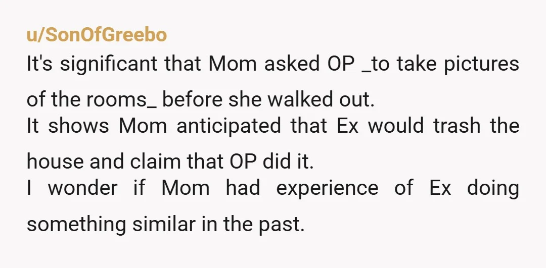 u/SonOfGreebo It's significant that Mom asked OP _to take pictures of the rooms_ before she walked out. It shows Mom anticipated that Ex would trash the house and claim that...