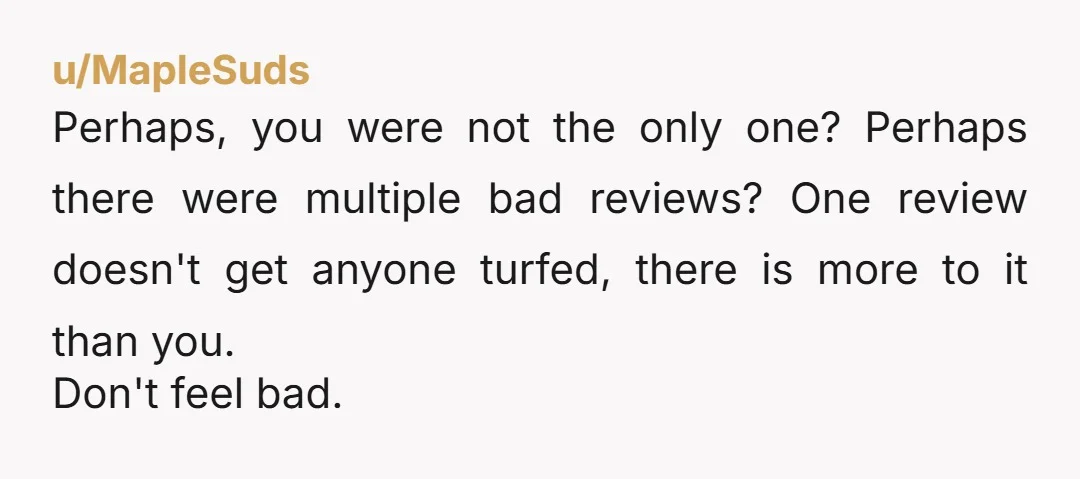 u/MapleSuds
Perhaps, you were not the only one? Perhaps there were multiple bad reviews? One review doesn't get anyone turfed, there is more to it than you.
Don't feel bad.
