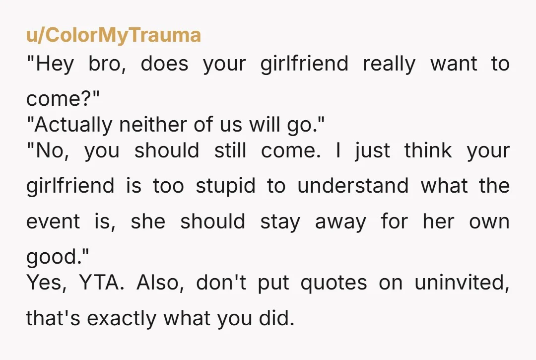 u/dragonsandvamps YTA Rather than uninvite one person, I might have messaged the group, explaining that a driver had dropped out and asking if someone else could drive.