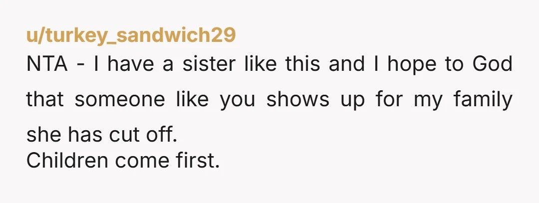 u/turkey_sandwich29
NTA - I have a sister like this and I hope to God that someone like you shows up for my family she has cut off.
Children come first.