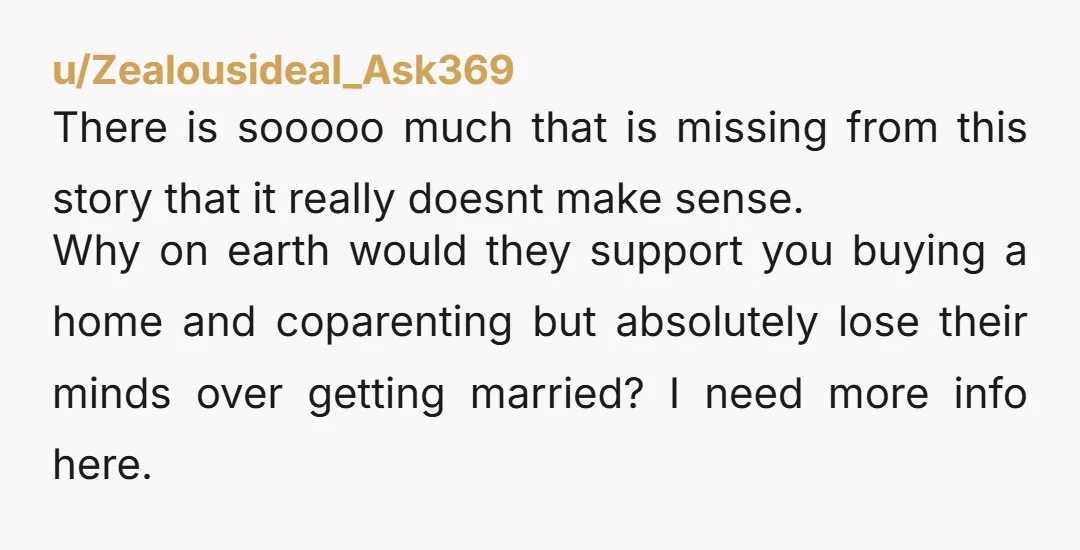 u/Zealousideal_Ask369 There is sooooo much that is missing from this story that it really doesnt make sense. Why on earth would they support you buying a home and coparenting but...