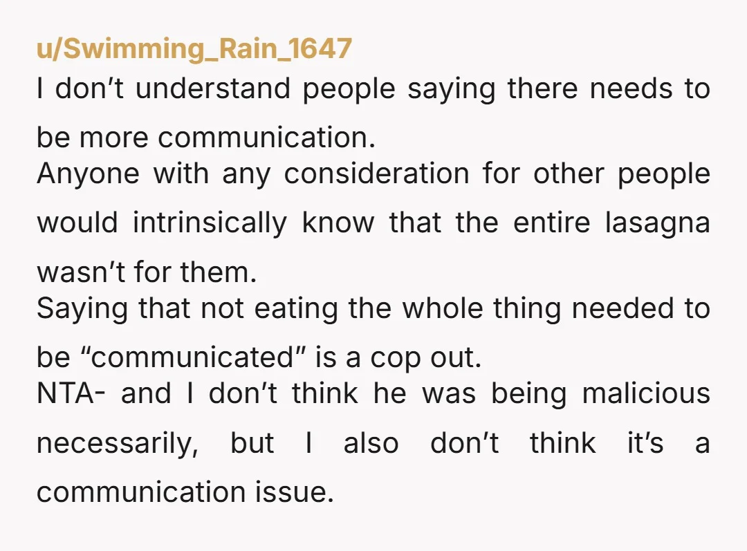 u/Swimming_Rain_1647 I don’t understand people saying there needs to be more communication. Anyone with any consideration for other people would intrinsically know that the entire lasagna wasn’t for them. Saying...