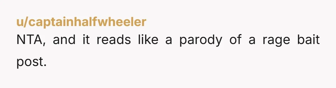 u/captainhalfwheeler
NTA, and it reads like a parody of a rage bait post. 