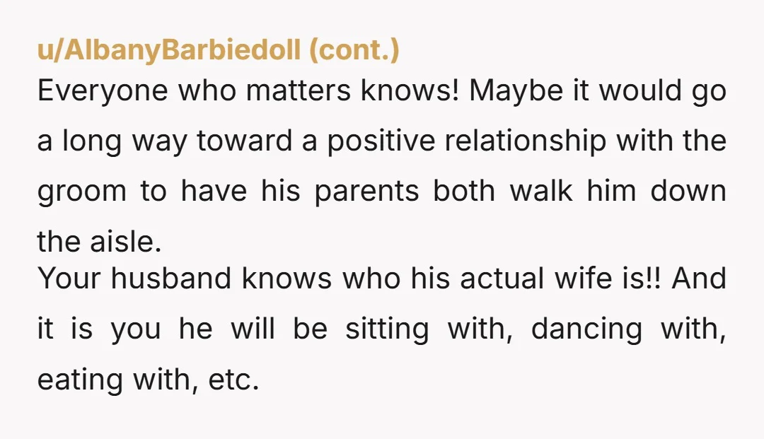 u/Summerisle7 Idk what your height or looks have to do with anything, but I sympathize with you as a fellow stepmom.  If your husband walks his ex down the aisle,...