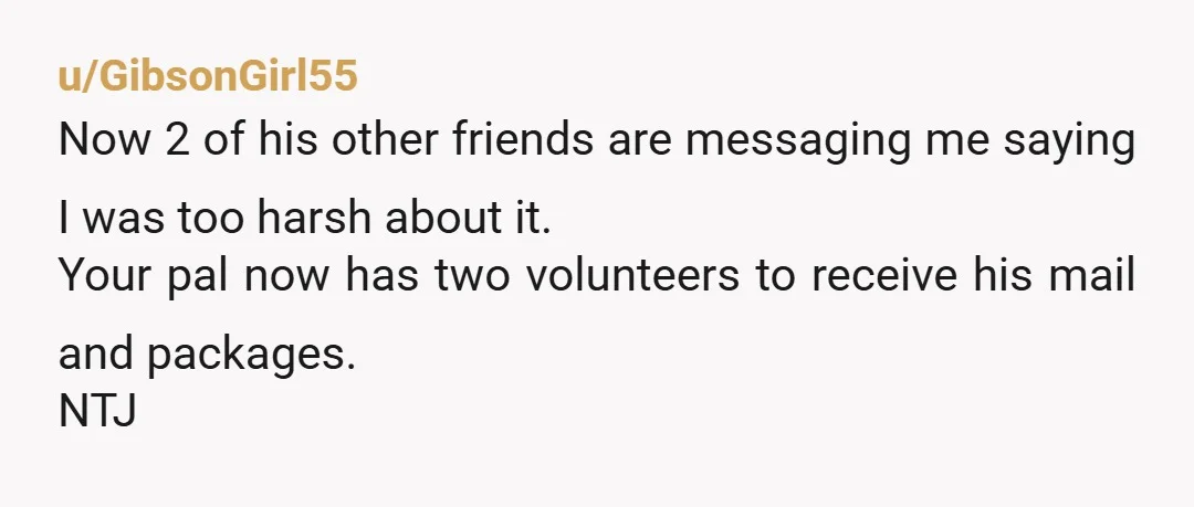 u/GibsonGirl55
Now 2 of his other friends are messaging me saying I was too harsh about it.
Your pal now has two volunteers to receive his mail and packages.
NTJ