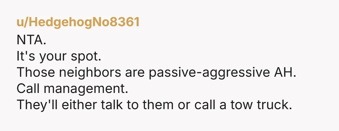 u/HedgehogNo8361
NTA.
It's your spot.
Those neighbors are passive-aggressive AH.
Call management.
They'll either talk to them or call a tow truck.