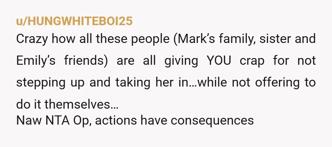 u/HUNGWHITEBOI25 Crazy how all these people (Mark’s family, sister and Emily’s friends) are all giving YOU crap for not stepping up and taking her in…while not offering to do it...