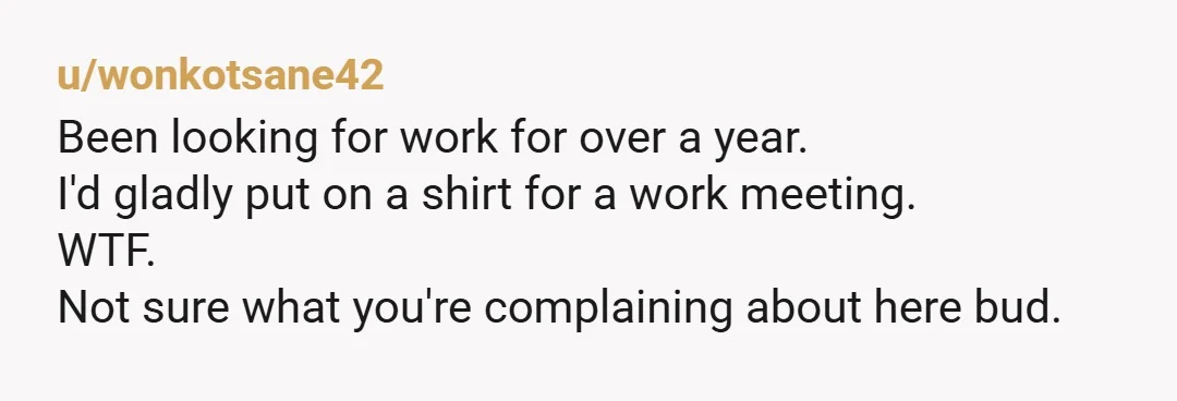 u/Average_Justin
The job pays your bills, it’s 15 minutes, throw a nice shirt on and knock out the meeting.
If you don’t want to, don’t.
Get a new job.
