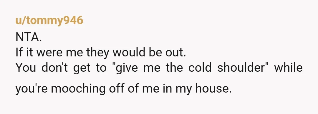 u/tommy946
NTA.
If it were me they would be out.
You don't get to "give me the cold shoulder" while you're mooching off of me in my house.