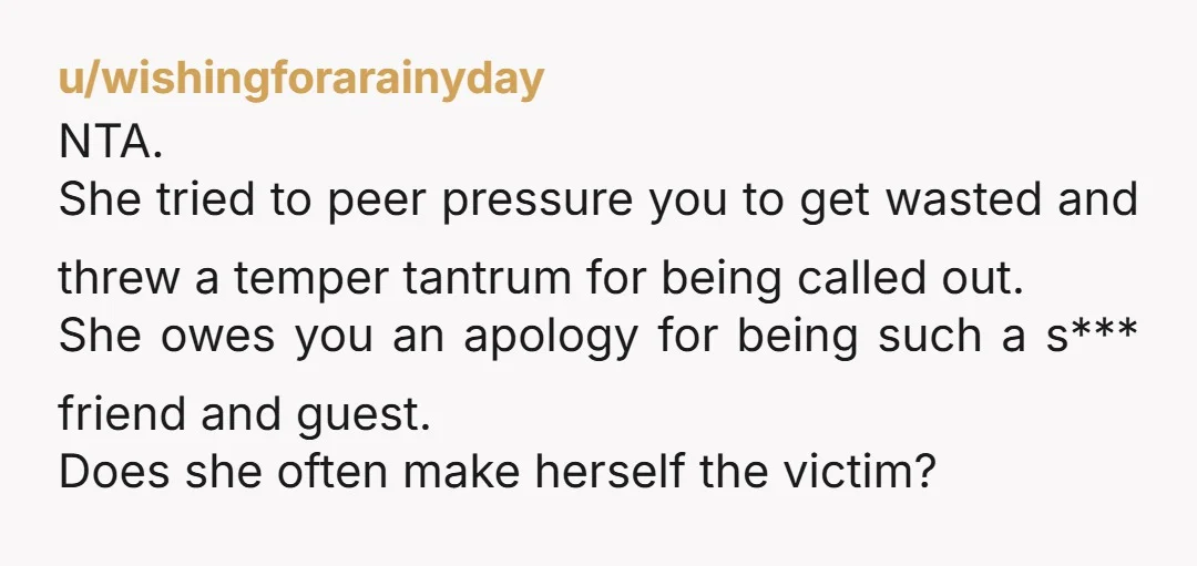 u/NinjaHidingintheOpen NTA. It was extremely rude to try to get all of your guests to leave your party to go to the bar, let alone throw a tantrum about it....