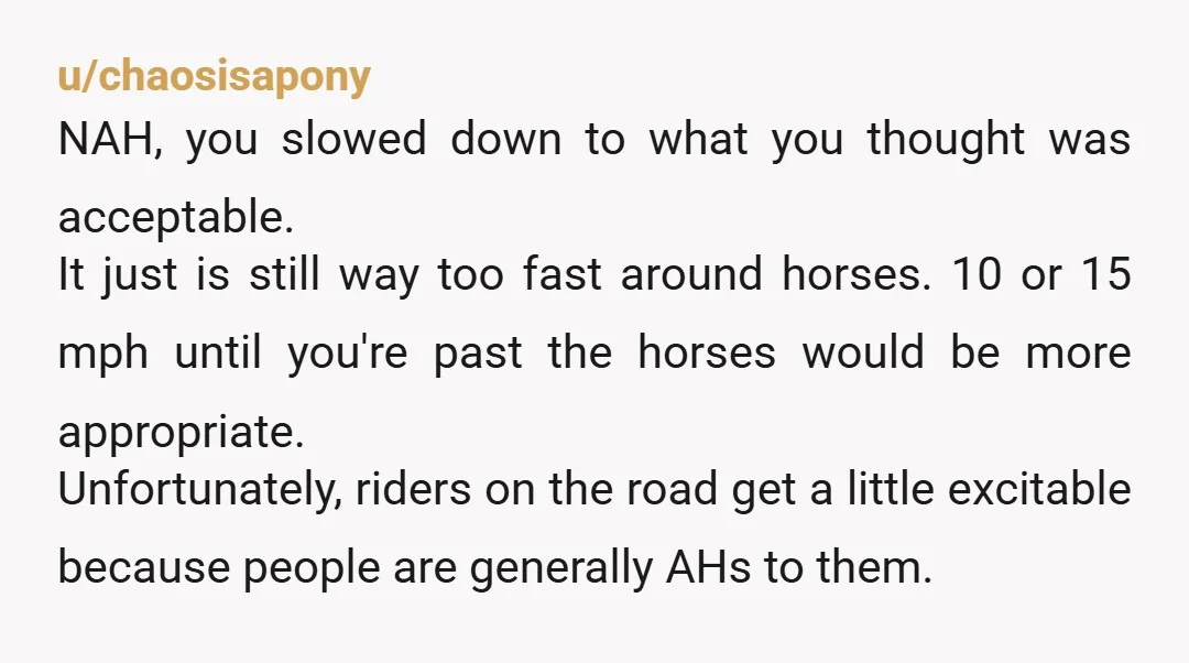 u/Omnomfish NAH, i think. She was being a little over the top, yes, but you were definitely going much too fast for horses. Horses are the dumbest, most skittish creatures...