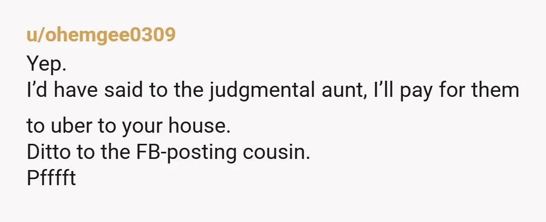 u/ohemgee0309
Yep.
I’d have said to the judgmental aunt, I’ll pay for them to uber to your house.
Ditto to the FB-posting cousin.
Pfffft