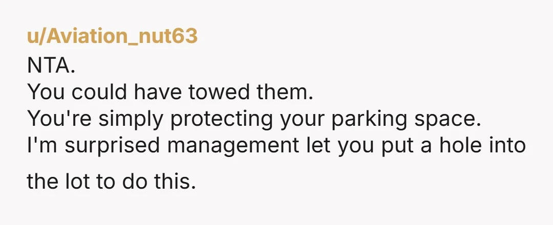 u/Aviation_nut63
NTA.
You could have towed them.
You're simply protecting your parking space.
I'm surprised management let you put a hole into the lot to do this.