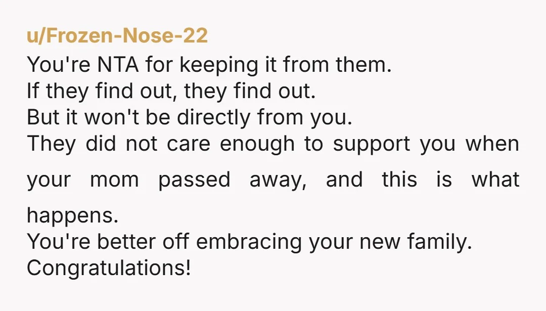 u/Frozen-Nose-22 You're NTA for keeping it from them. If they find out, they find out. But it won't be directly from you. They did not care enough to support you...