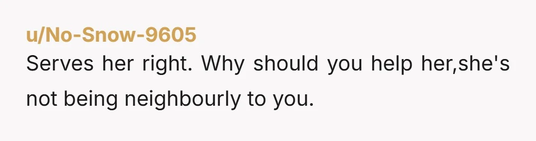 u/No-Snow-9605
Serves her right. Why should you help her,she's not being neighbourly to you.