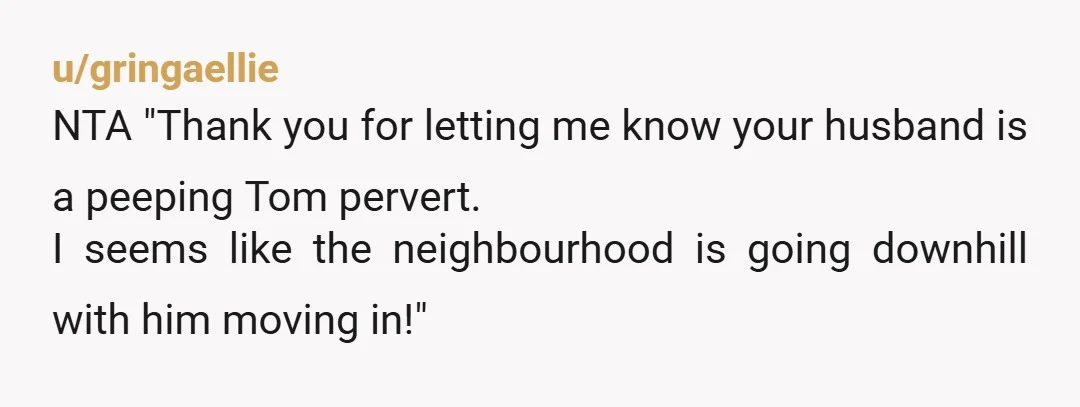 u/gringaellie
NTA "Thank you for letting me know your husband is a peeping Tom pervert.
I seems like the neighbourhood is going downhill with him moving in!"