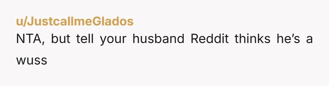u/JustcallmeGlados
NTA, but tell your husband Reddit thinks he’s a wuss