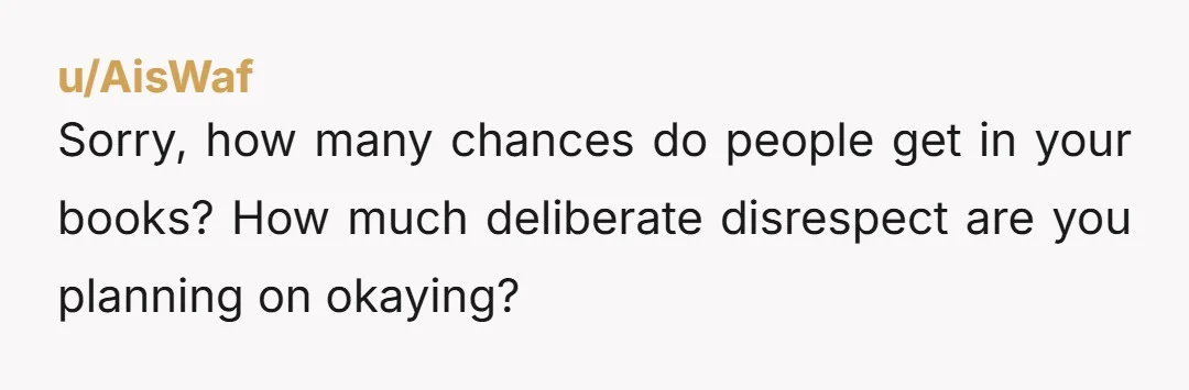 u/AisWaf
Sorry, how many chances do people get in your books? How much deliberate disrespect are you planning on okaying?