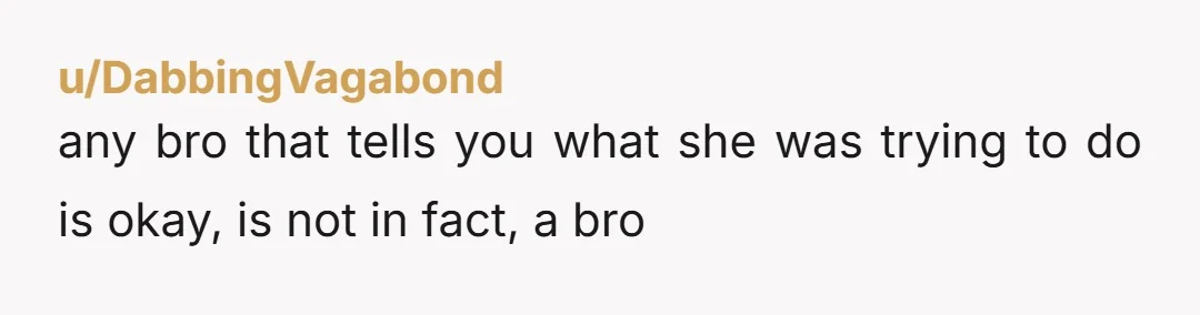 u/DabbingVagabond
any bro that tells you what she was trying to do is okay, is not in fact, a bro