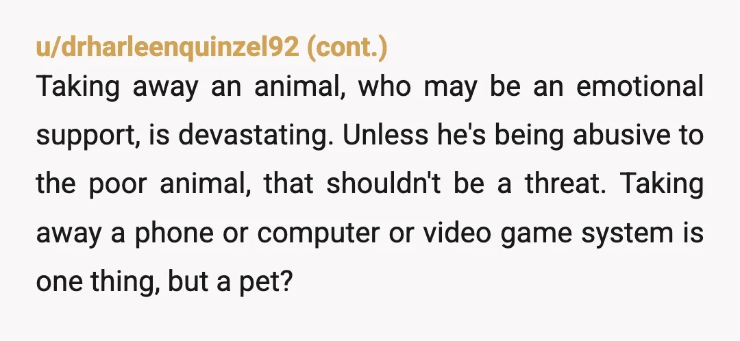 u/Appropriate-Mall9781 YTA. In all seriousness, any parent who takes away a beloved pet just to 'discipline' their child or children will never be forgiven by the kid(s). There are some...