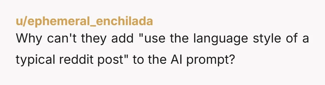 u/ephemeral_enchilada Why can't they add "use the language style of a typical reddit post" to the AI prompt?